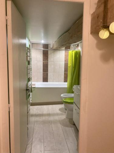 une salle de bain avec toilettes et baignoire dans l'établissement Gîte Le Nid Abord, à Fléty