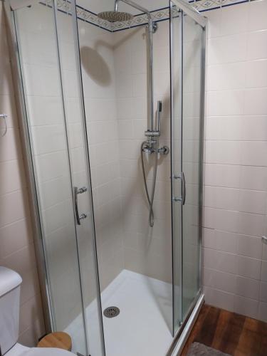 a shower with a glass door in a bathroom at Quinta das Netas in Cabeceiras de Basto
