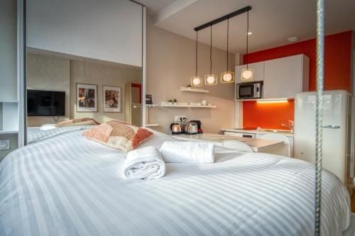 Cet appartement comprend une chambre avec deux lits et une cuisine. dans l'établissement Le petit spacieux climatisation netflix, à Grenoble