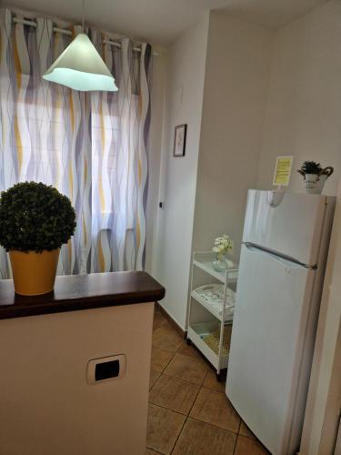 a kitchen with a white refrigerator in a room at La casetta di Dany in Fiano Romano
