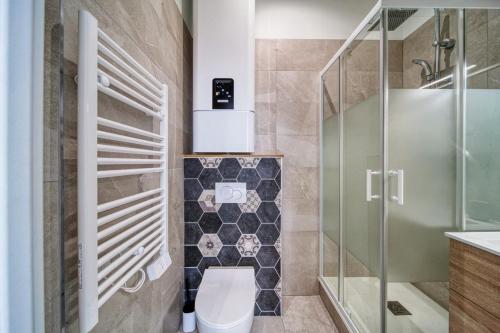 une salle de bain avec toilettes et douche en verre dans l'établissement La petite estacade 4, à Grenoble