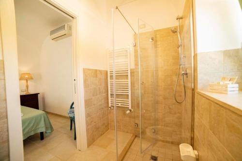 a bathroom with a shower with a glass door at Coppola di Seta in Locorotondo