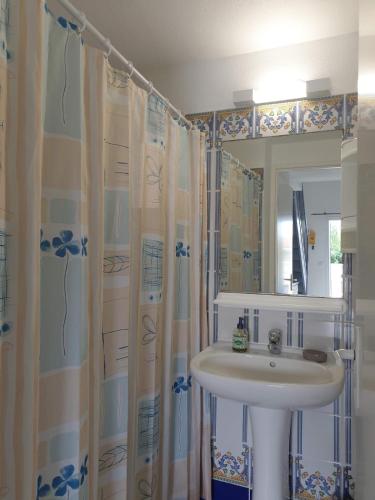 une salle de bain avec un lavabo et un miroir dans l'établissement Villa des Alizés, au Cap d'Agde