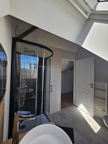 La salle de bains est pourvue d'une douche et d'un lavabo blanc. dans l'établissement L'Authentique, Appartement 7, à Loudéac