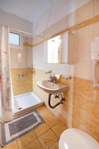 a bathroom with a sink and a shower and a toilet at Sunrise studios Lefkada in Nydri