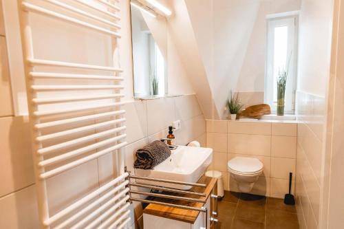 a bathroom with a sink and a toilet at Huxfeld-Hof - Apartment Schwalbennest in Grasberg