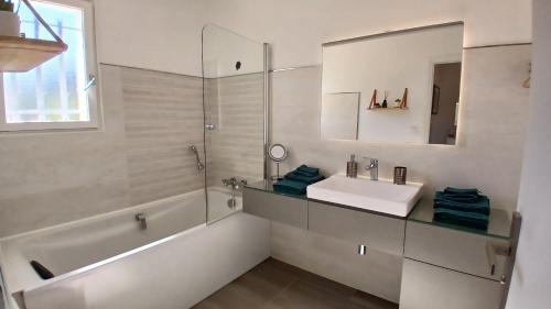 une salle de bain avec un lavabo, une baignoire et un miroir dans l'établissement Villa Iris, climatisée avec 4 chambres et piscine à Boulouris sur Mer, à Saint-Raphaël