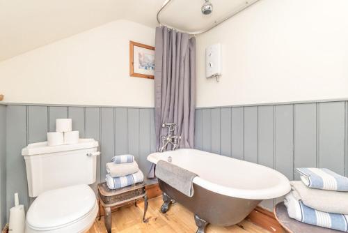 a bathroom with a tub and a toilet and a sink at Perthi-Uchaf in Cwm-y-glo