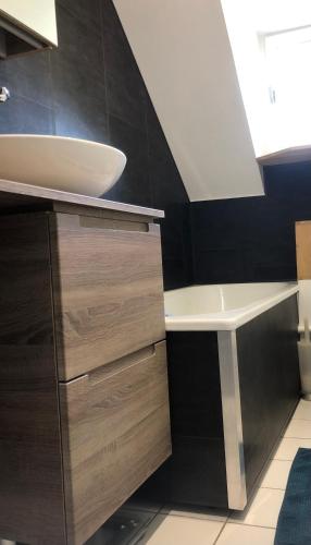 une salle de bain avec un lavabo et une baignoire dans l'établissement villa rotheneuf, à Saint-Malo