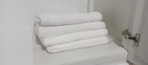 einen Stapel Handtücher auf einer Toilette in der Unterkunft Amplio y acogedor departamento in Loja