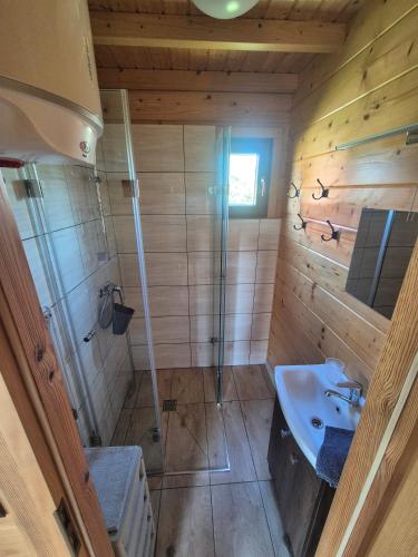a bathroom with a shower and a sink at Ostoja Rodzinna in Giżycko