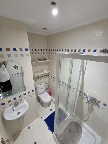 a bathroom with a shower and a toilet and a sink at Luxurious 2 bedroom apartment in Sousse