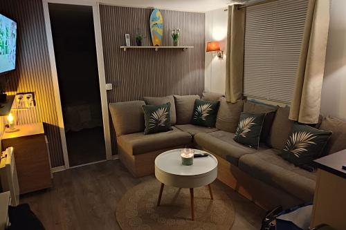un salon avec un canapé et une table dans l'établissement Comfortable 2-bedroom mobile home, à Canet
