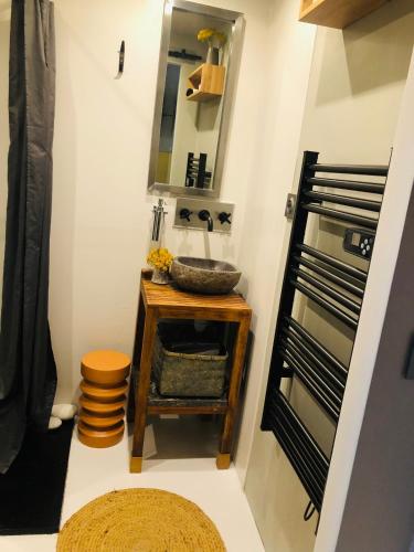 une salle de bain avec un lavabo et un miroir dans l'établissement Luberon Provence Swimming pool Terrace View for 2, à Viens