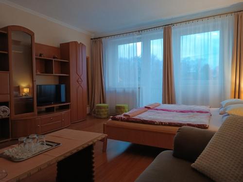 a bedroom with a bed and a large window at Szilvia Panzió Gyomaendrőd in Gyomaendrőd