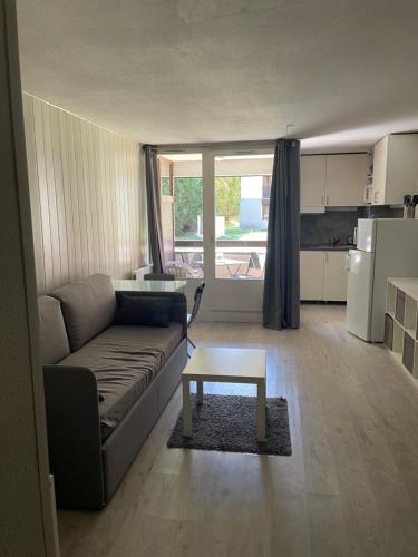 un salon avec un canapé et une table dans l'établissement Résidence Cybele, Studio Etage 0 proche centre du village, à Brides-les-Bains