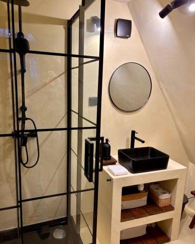 a bathroom with a sink and a mirror at Juniper Chalet Mátra in Mátraszentimre