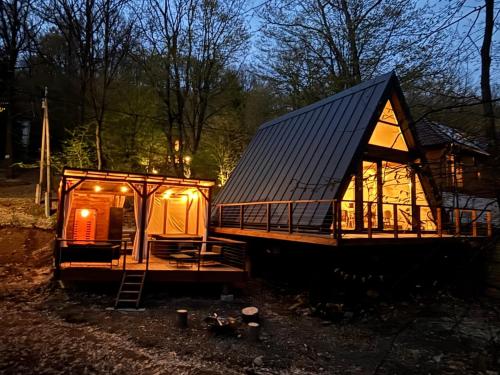 a house with a metal roof and a staircase to it at Juniper Chalet Mátra in Mátraszentimre