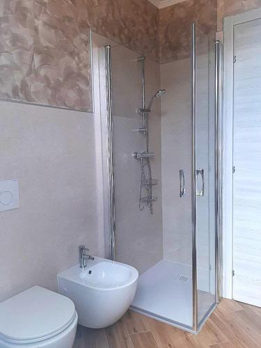 a bathroom with a shower and a toilet and a sink at Casa Pina in Gravedona