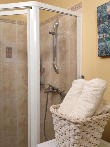 a bathroom with a shower with a basket at Boka Bay Apartments in Herceg-Novi