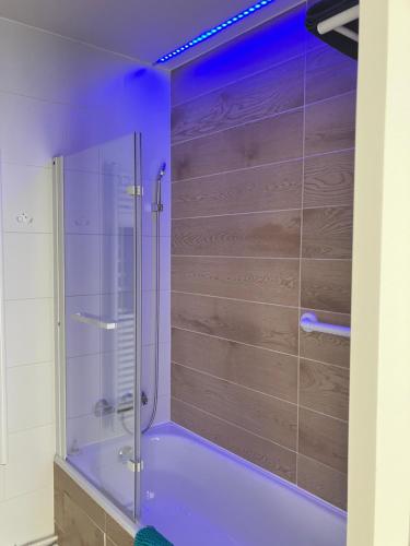 ein Badezimmer mit einer Dusche mit blauer Beleuchtung in der Unterkunft Paris 42m Studio plus terrace in Paris