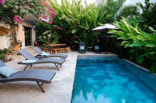 a swimming pool with chairs and an umbrella and plants at King bed, Kitchenette, Air Conditioning, Pool, Fast WiFi - Aire at Casa Calavera in San Francisco