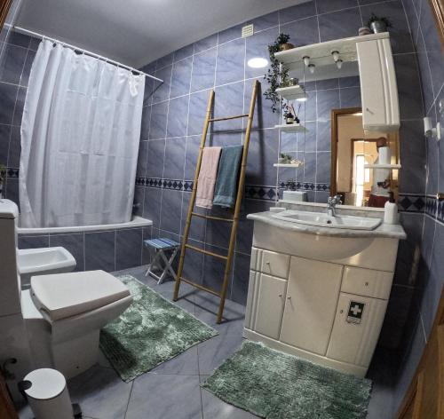 Un baño con lavabo, inodoro y ducha. en Casa da Costa de Lavos, en Figueira da Foz