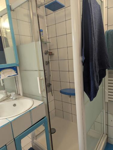 une petite salle de bain avec un lavabo et un miroir dans l'établissement HomeBievres maison dans les bois, à Bièvres
