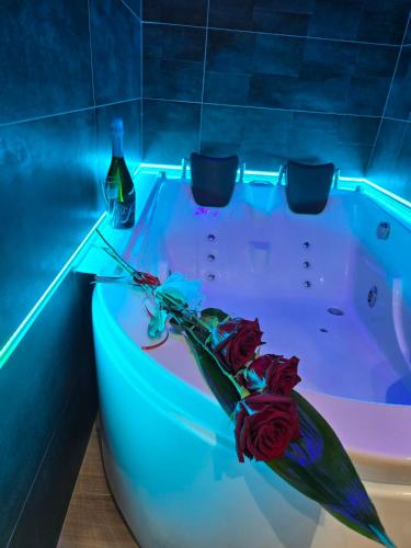 a blue bath tub with flowers in the middle at casa con veranda e idromassaggio in Barletta
