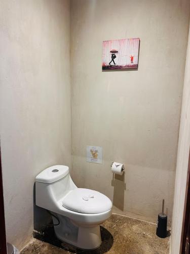 a bathroom with a toilet and a picture on the wall at Villa Carol in Punta Leona