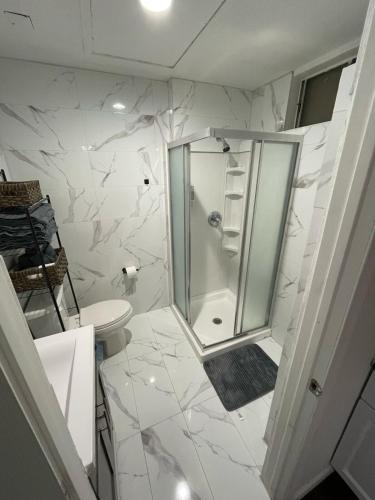 a white bathroom with a shower and a toilet at Cozy 2 BR Apartment Glendale in Glendale