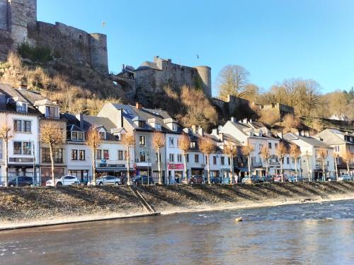 a row of houses next to a river with a castle at Au Pied Du Château in Bouillon