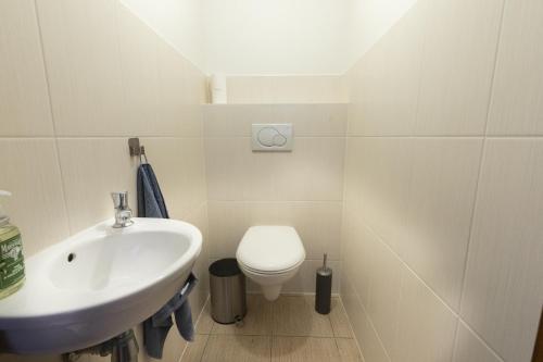 a white bathroom with a toilet and a sink at Ide'Alsace in Eguisheim