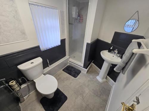 a bathroom with a toilet and a sink at Cozy Flat London with private entrance in London