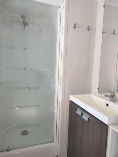 a bathroom with a shower and a sink at Camping du Moulin de Thoard in Thoard