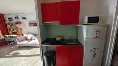 Elle comprend une petite cuisine équipée de placards rouges et d'un réfrigérateur. dans l'établissement Large studio artist residence - Splendid view, à Villard-de-Lans