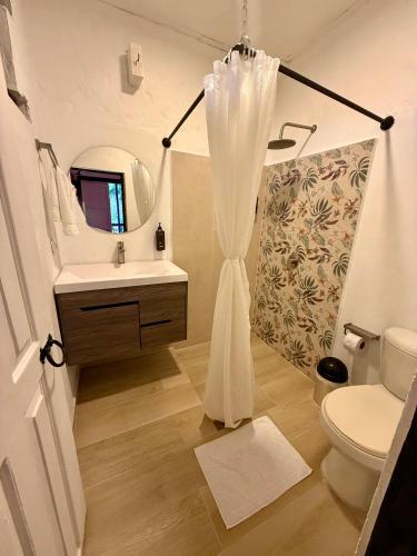 a bathroom with a sink and a toilet and a mirror at El Percal Hacienda Hotel in Montenegro