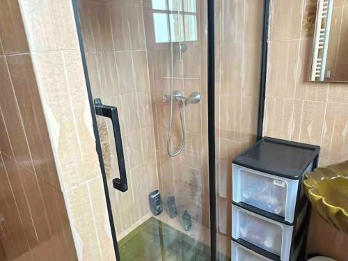 une salle de bain avec une douche avec une porte vitrée dans l'établissement 5 Bed-Sleeps 9-Sea View-Beach-Free Parking, à Plozévet