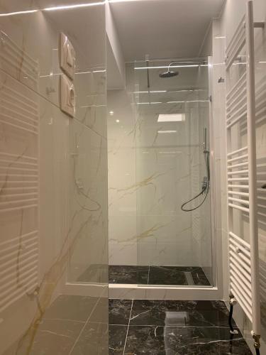 a bathroom with a shower with a glass door at Rodolithos Beach in Stavros