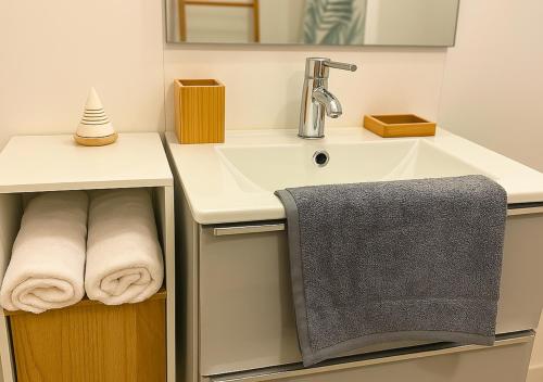 a bathroom with a sink and a towel dispenser at Appartement Ferrero in Angoulême