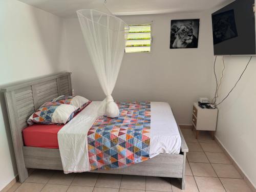 una camera da letto con un letto con una tenda sopra di Studio piscine centre Gosier a Le Gosier