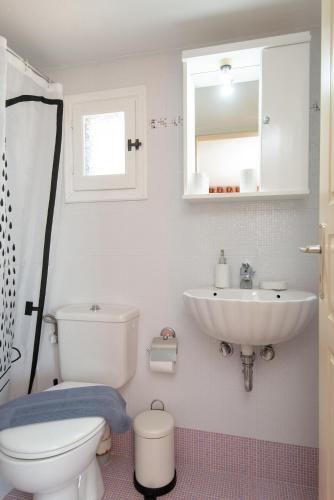 a bathroom with a toilet and a sink and a mirror at Mavroudis House Sifnos in Sifnos