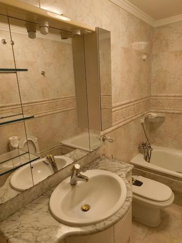 a bathroom with a sink and a toilet and a mirror at Pensión Armonía in Caldas de Reis