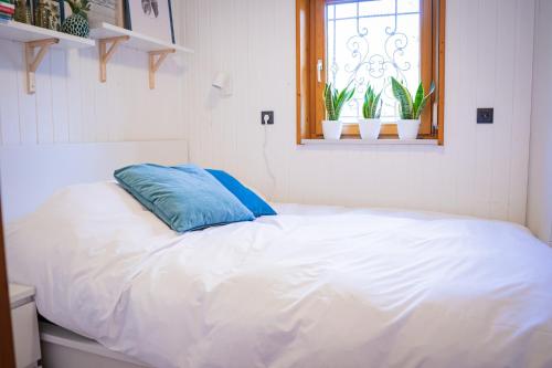 a white bed with a blue pillow on top of it at WaldSeeLiebe in Pinnow