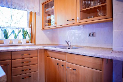 a kitchen with wooden cabinets and a sink and a window at WaldSeeLiebe in Pinnow