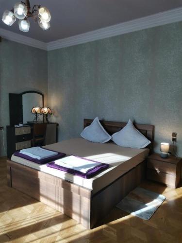 a bedroom with a bed with two pillows on it at European Backpackers Hostel and 大廚房 in Tbilisi City