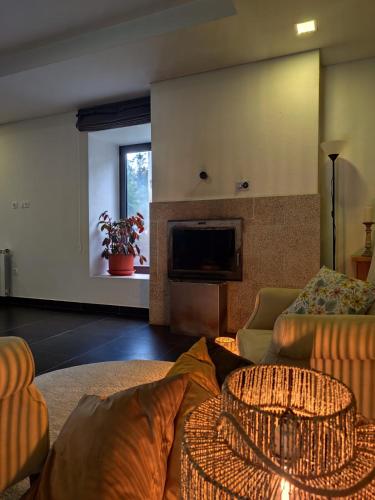a living room with a couch and a tv at Casa do Engenho in Caldas de São Jorge