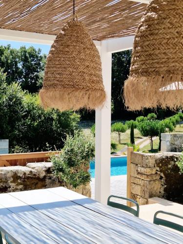 un patio avec une table et deux parasols en paille dans l'établissement Domaine Du Tertre, à Saint-Romain-la-Virvée