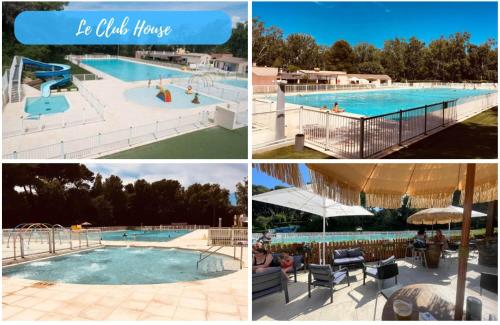 un collage de quatre photos d'une piscine dans l'établissement Sea Breeze Med - Vue mer climatisé, piscine & Club House à 30m de la plage, à Six-Fours-les-Plages