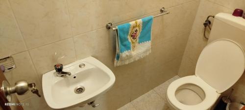 une salle de bain avec des toilettes blanches et un lavabo dans l'établissement Residencial Soares, à Espargos